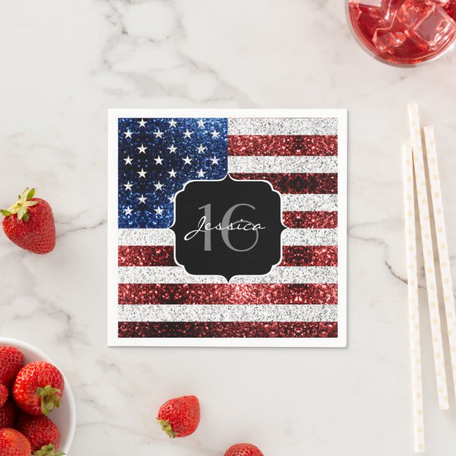 USA flag red white blue sparkles glitter Sweet 16 Napkin (Insitu)