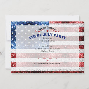 USA flag red white blue sparkles glitters 4th July Invitation