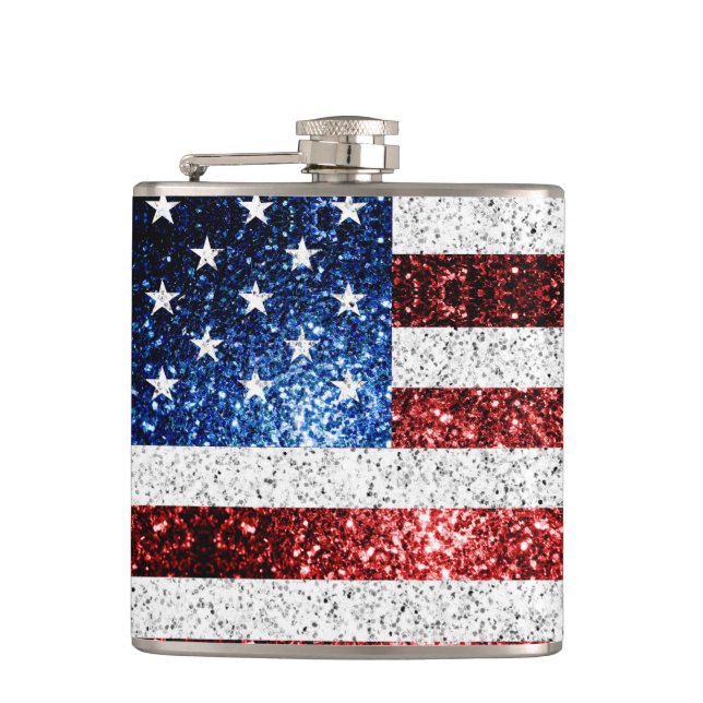 USA flag red white blue sparkles glitters Hip Flask (Front)