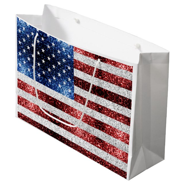 USA flag red white blue sparkles glitters Large Gift Bag (Front Angled)