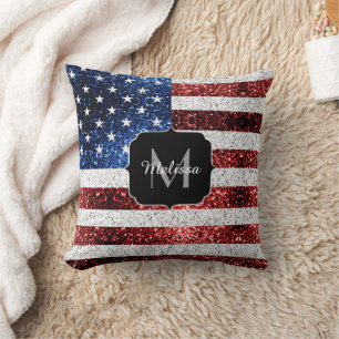 USA flag red white blue sparkles glitters Monogram Cushion