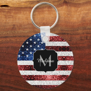 USA flag red white blue sparkles glitters Monogram Key Ring