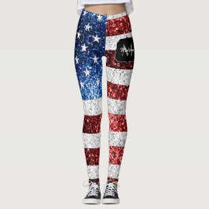 USA flag red white blue sparkles glitters Monogram Leggings