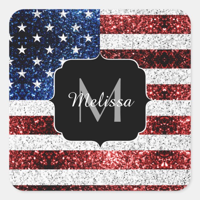 USA flag red white blue sparkles glitters Monogram Square Sticker (Front)