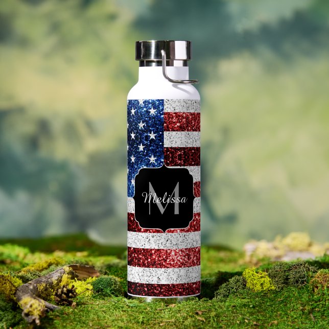 USA flag red white blue sparkles glitters Monogram Water Bottle (Outdoor (Rotated))
