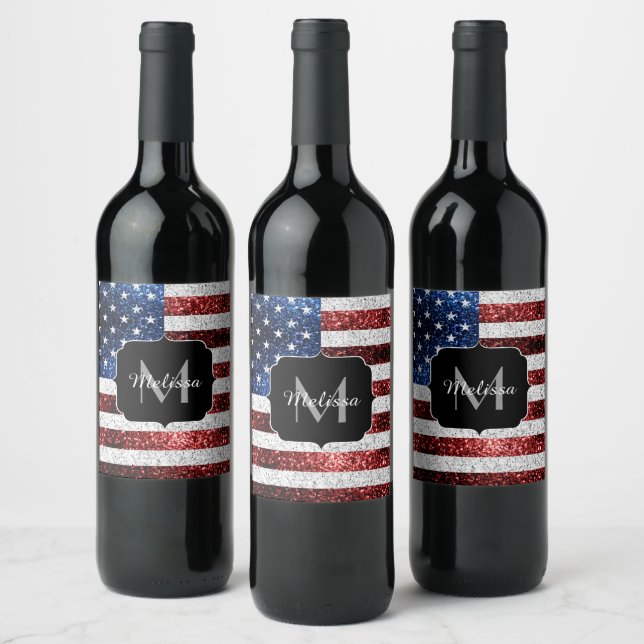 USA flag red white blue sparkles glitters Monogram Wine Label (Bottles)