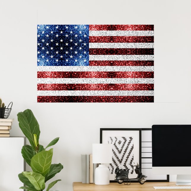 USA flag red white blue sparkles glitters Poster (Home Office)