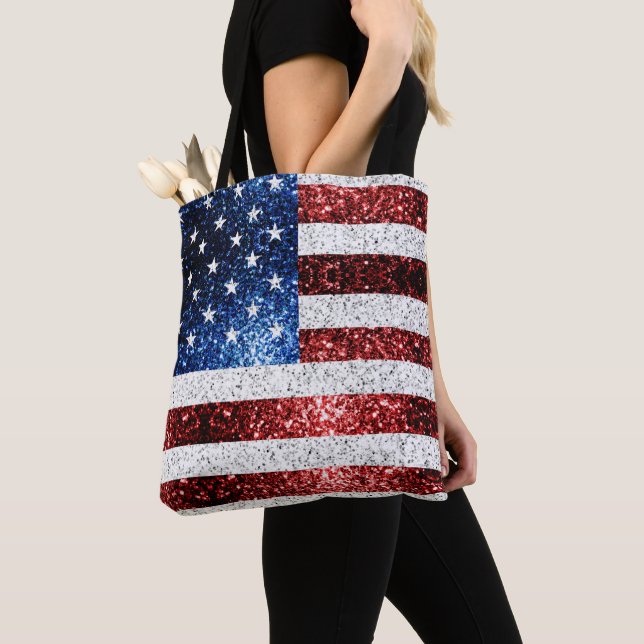 USA flag red white blue sparkles glitters Tote Bag (Close Up)