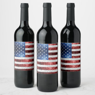 USA flag red white blue sparkles glitters Wine Label