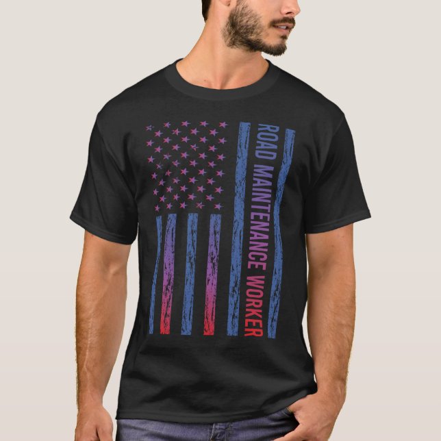 USA Flag Road Maintenance Worker T-Shirt (Front)