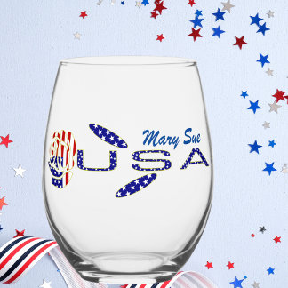 USA Flag Rose on Its Side Blue Personalised  Stemless Wine Glass