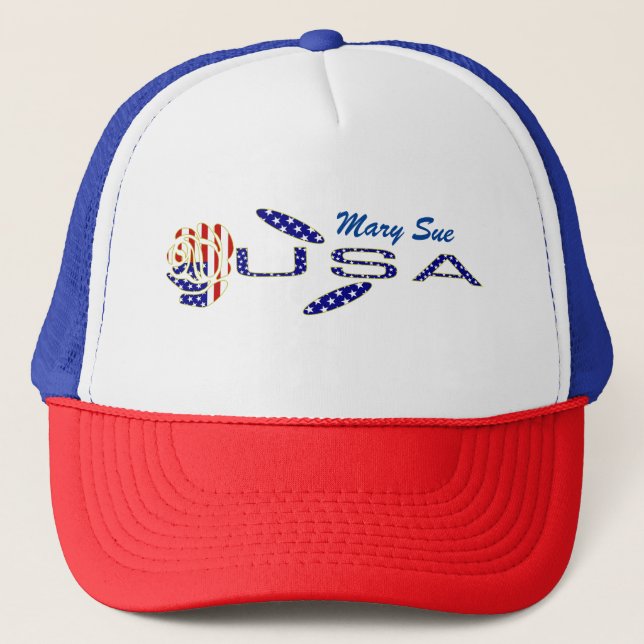 USA Flag Rose on Its Side Blue Personalised Trucker Hat (Front)