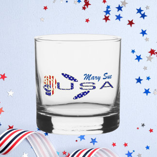 USA Flag Rose on Its Side Blue Personalised  Whiskey Glass