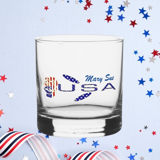 USA Flag Rose on Its Side Blue Personalised  Whiskey Glass (Creator Uploaded)
