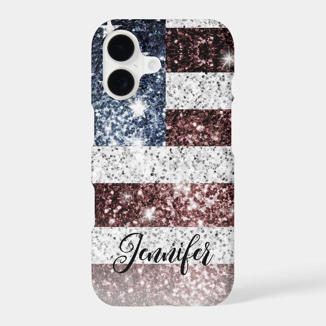 USA flag rustic America faux sparkles Your name iPhone Case (Back)