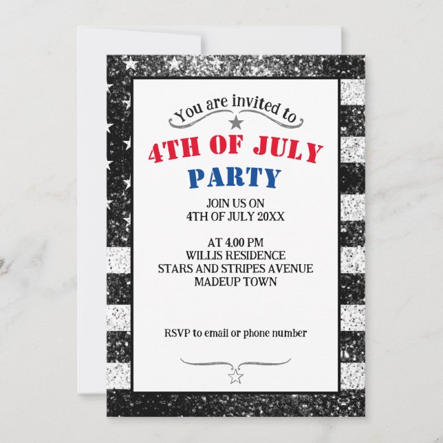 USA flag Rustic Black White Grey Sparkles 4th July Invitation (Front)