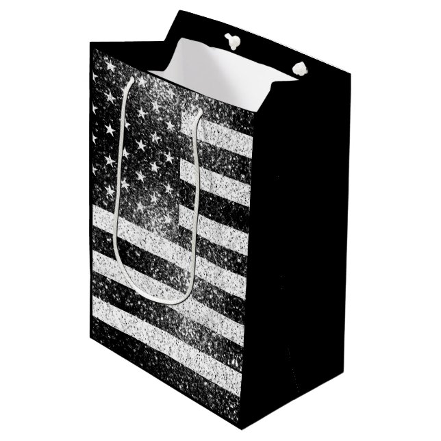 USA flag Rustic Black White Grey Sparkles Medium Gift Bag (Front Angled)