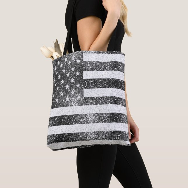 USA flag rustic black white silver sparkles Tote Bag (Close Up)