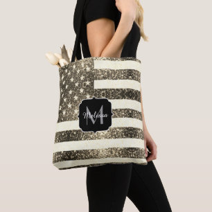 USA flag Sepia gold Sparkles Monogram Tote Bag