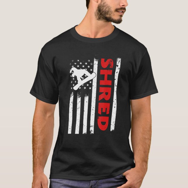 USA Flag Shred Snowborader Freestyle Snowboard Ame T-Shirt (Front)