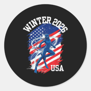 Usa flag ski graphic classic round sticker