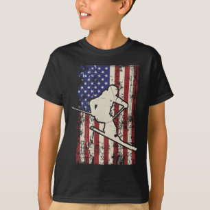 Usa Flag Ski Skiing &amp; Skiier Long Sleeve  T-Shirt