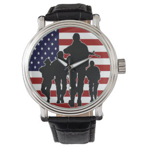 USA Flag Soldiers Silhouette Wrist Watch