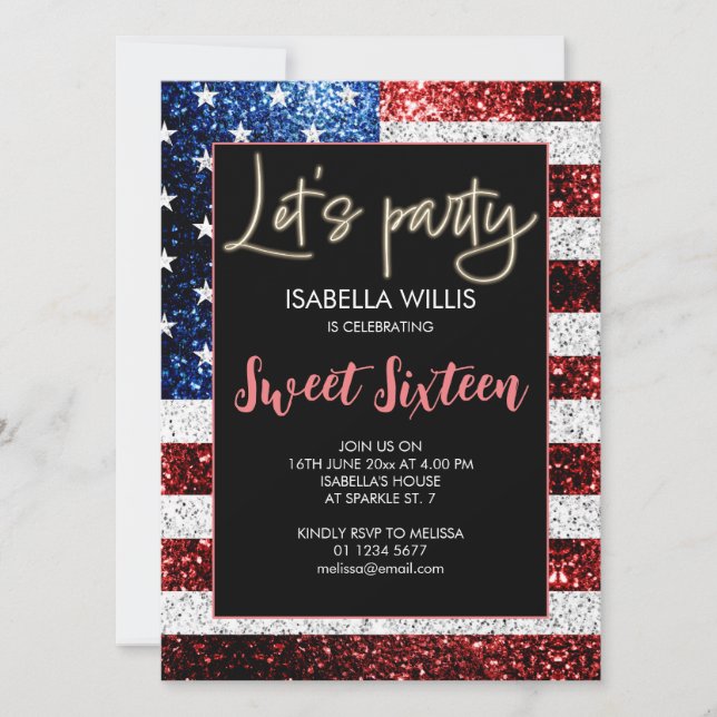 USA flag sparkles Sweet 16 Birthday Lets party Invitation (Front)