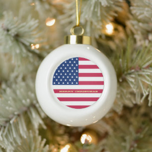 USA Flag Stars Stripes American Patriotic Holiday Ceramic Ball Christmas Ornament