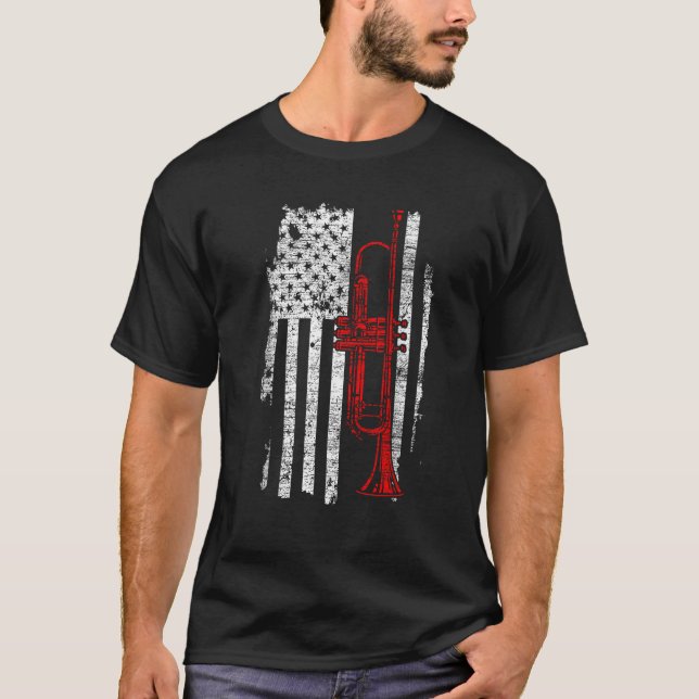USA Flag Thin Red Line Jazz Music Gifts Trumpet T  T-Shirt (Front)