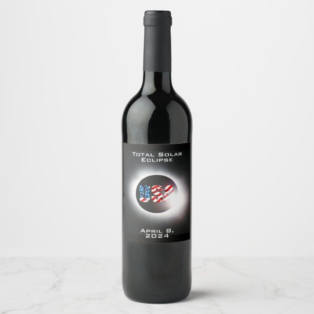 USA FLAG Total solar eclipse April 8, 2024 Wine Label (Front)