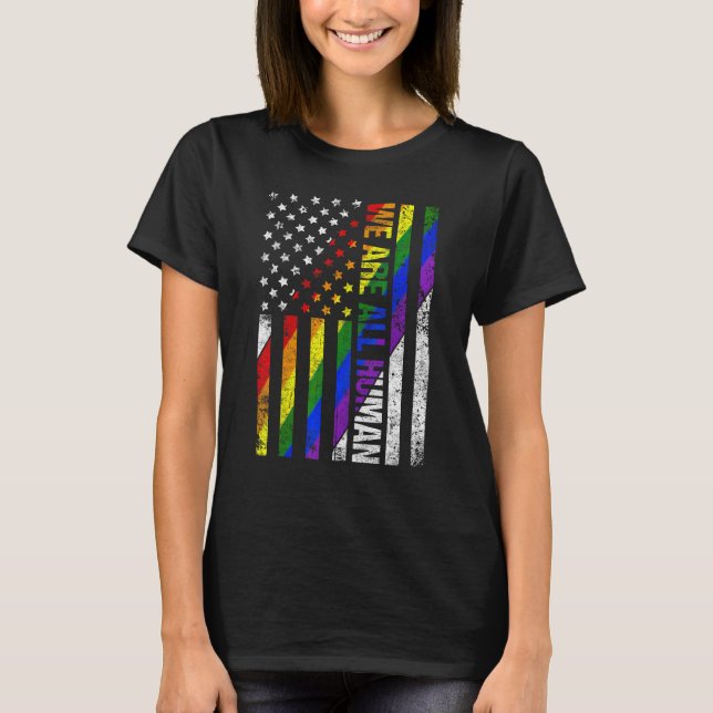 USA Flag We Are All Human LGBT Flag Gay Pride Mont T-Shirt (Front)