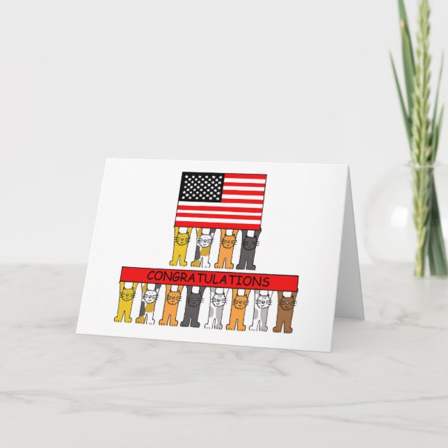 USA Flag with Cartoon Cats Congratulations Card (Front)