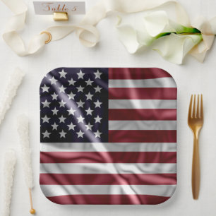 USA Flapping Flag Red, White Stripes, Starry Blue Paper Plate