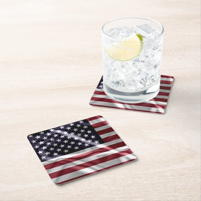 USA Flapping Flag Red, White Stripes, Starry Blue Square Paper Coaster (Insitu)