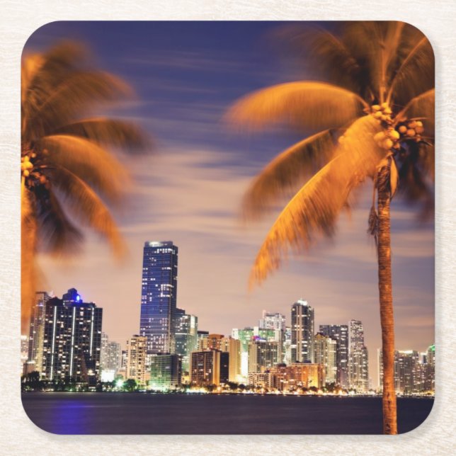USA, Florida, Miami skyline at dusk Square Paper Coaster (Front)