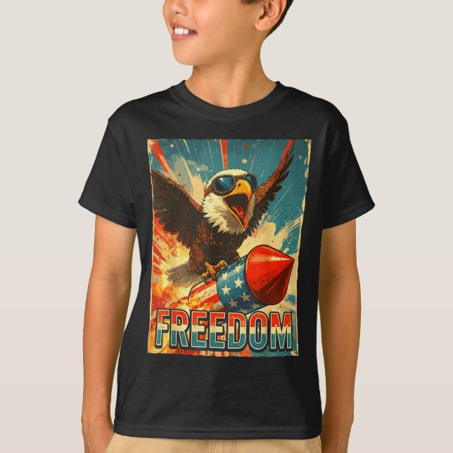 USA Freedom Bald Eagle Riding On Firework Rocket T-Shirt (Front)