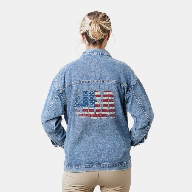 USA grunge text design with flag Denim Jacket (Model)