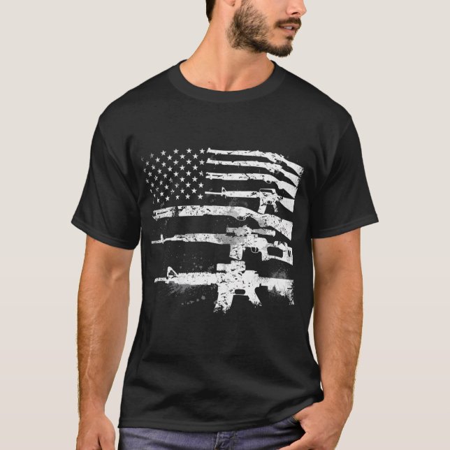 Usa Guns Weapons Flag Rifles Stripes Armed America T-Shirt (Front)