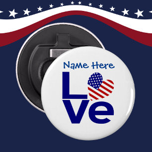 USA Heart Flag Blue LOVE Personalised Name Bottle Opener