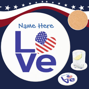USA Heart Flag Blue LOVE Personalised Name Coaster
