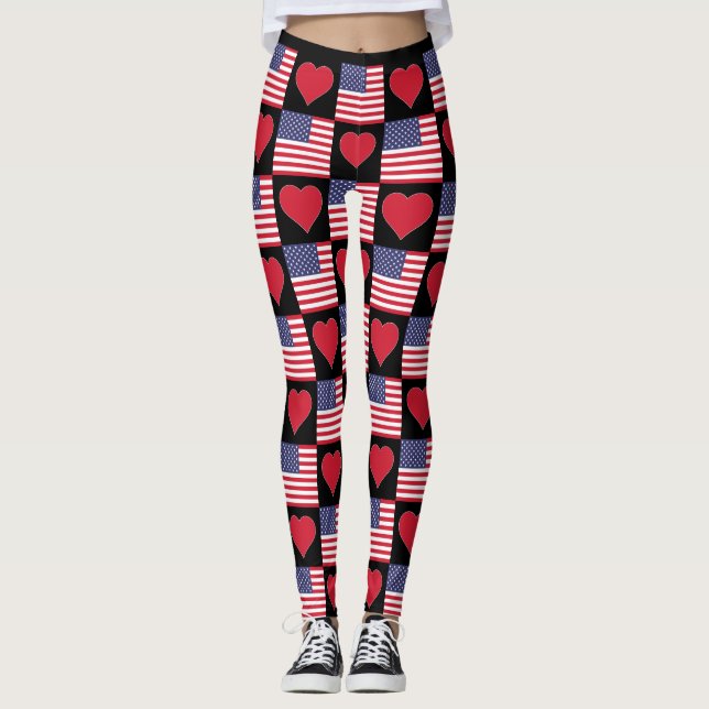 USA Heart United States Patriotic American Flag Leggings (Front)