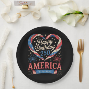 USA Hearts 1776 2026 July 250th Birthday USA Paper Plate
