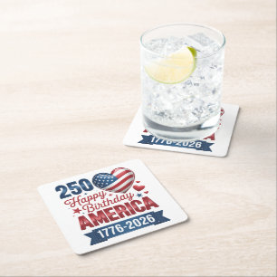 USA Hearts 1776 2026 July 4th Square Paper Coaster
