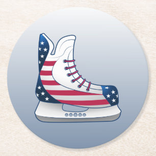 USA Hockey Skates with Stars and Stripes Round Paper Coaster