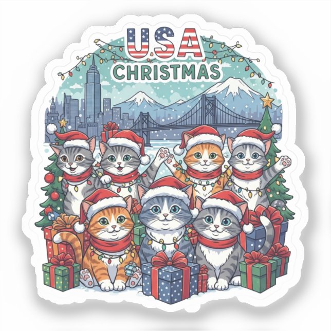 USA Holiday Cats – Cute Meowy Christmas Sticker (Front)
