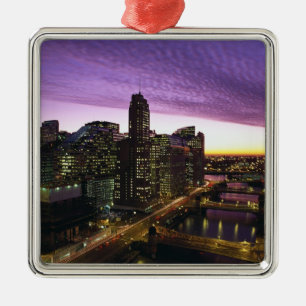 USA, IL, Chicago. Chicago skyline and river Metal Tree Decoration