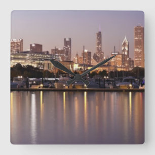 USA, Illinois, Chicago skyline at dusk Square Wall Clock