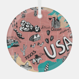 USA Illustrated: Colourful Map Journey. Glass Tree Decoration