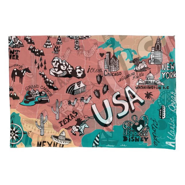 USA Illustrated: Colourful Map Journey. Pillowcase (Front)